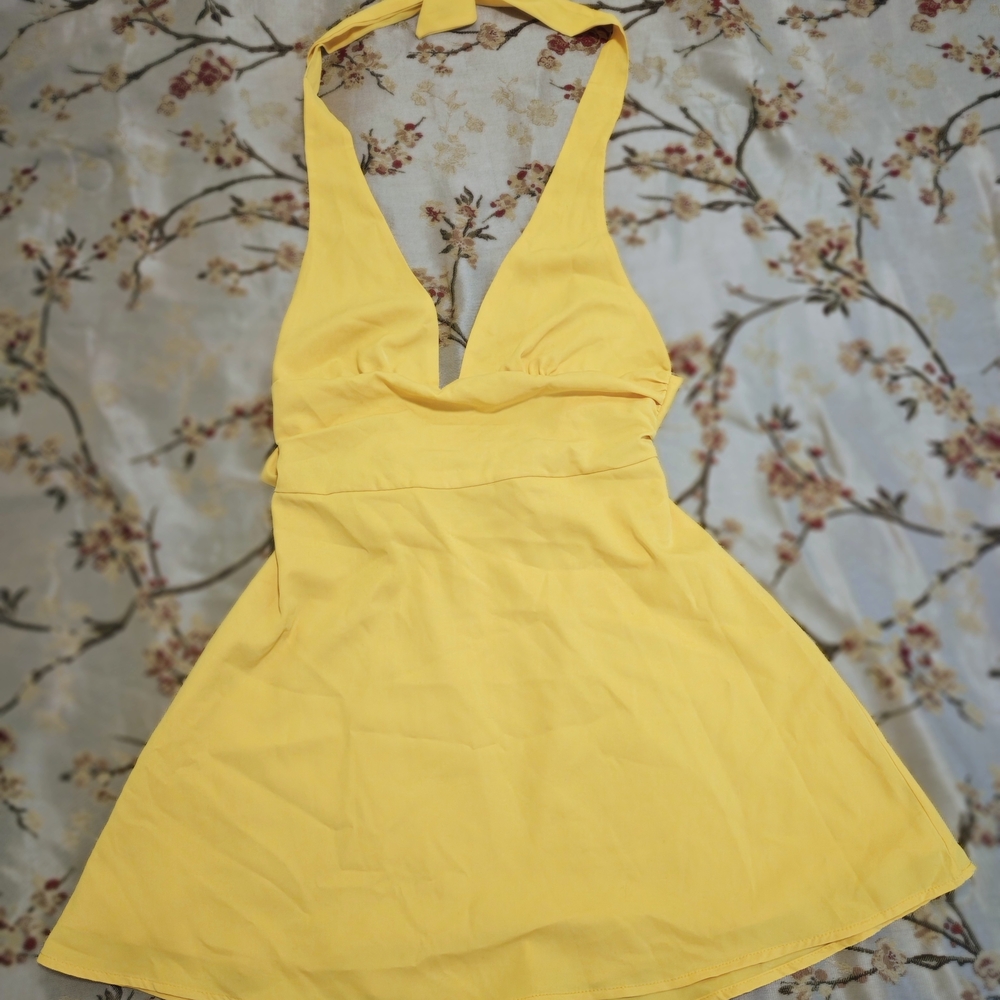 Sunshine Yellow Halter Dress Deep V Bow Tie Mini
